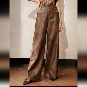 Retro Distressed Wash PU Leather Pocket Pants, Women New Year Outfit
